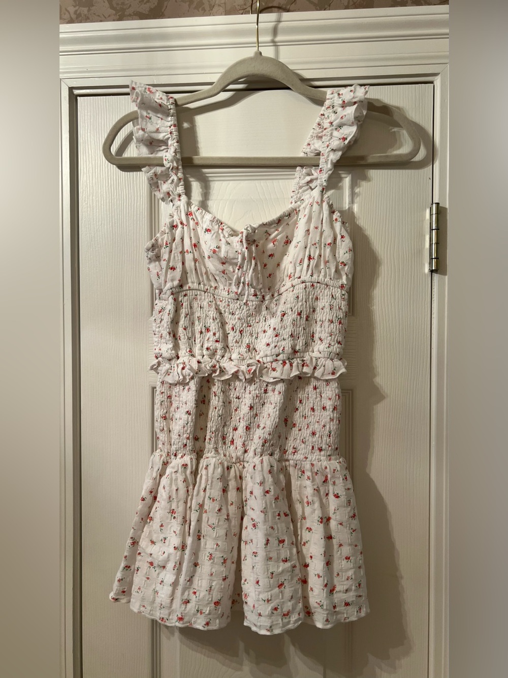 White Mini Dress with Red Floral Print - Smocked Ruffle Sundress